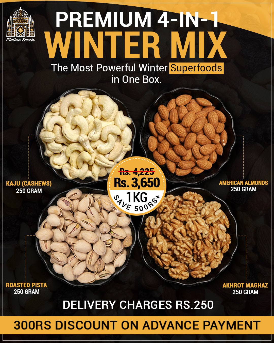 Premium 4-in-1 Winter Mix - Multan Sweets.jpg Almonds, Walnut, Roasted Pistachios and Cashew Nuts Deal